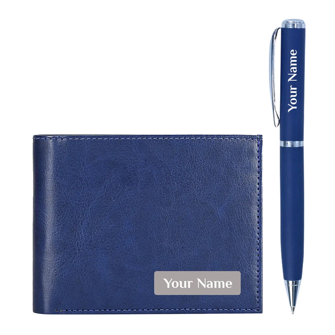 Personalized 2-in-1 Blue Wallet and Pen Set - Elegant Gifts for Men